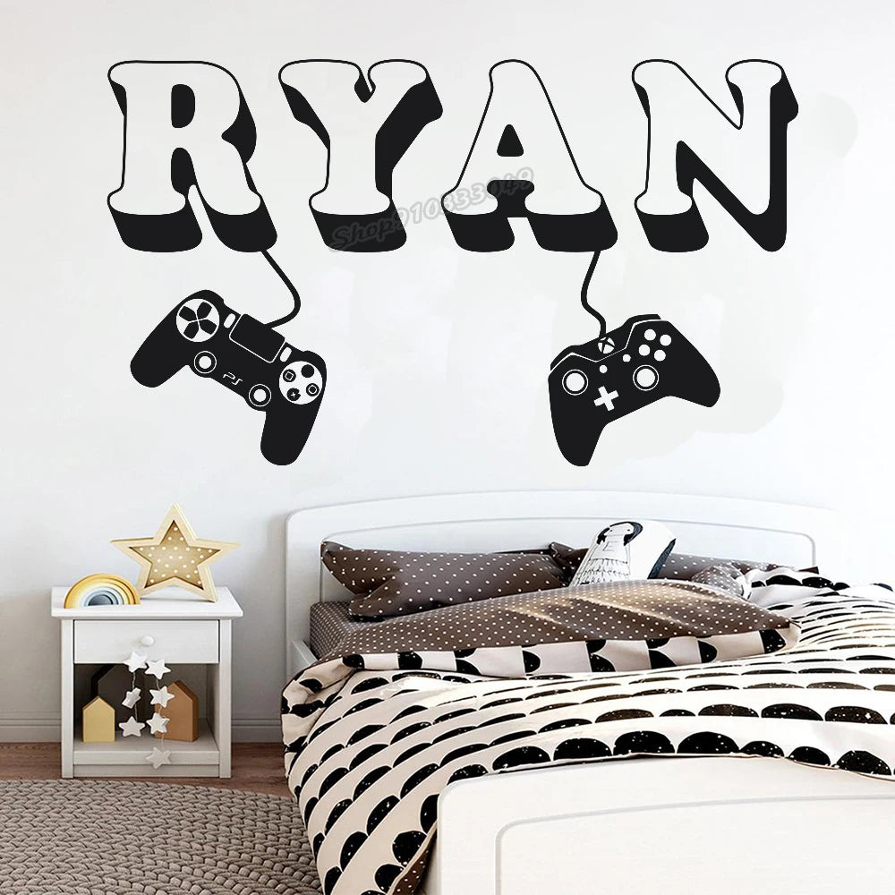 Gamer Wandaufkleber Benutzerdefinierter Name Controller Videospiel Wandtattoos Personalisierter Gamer Name Vinyl für Kinderzimmer Spielzimmer Dekor C426