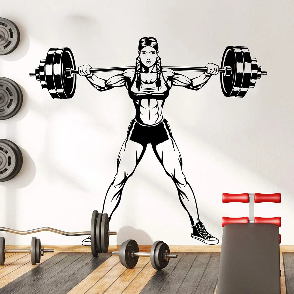 Große Gym Frau Hanteln Wandtattoo Bodybuilding weibliche Muskel Flex Fitness Workout Zug Gesundheit Gewicht Wandaufkleber