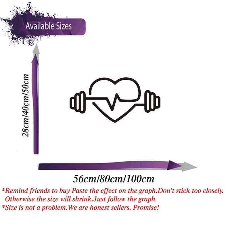 Großes Fitnessstudio, Herzform, Gewichte, Langhantel, Wandaufkleber, Fitness, Bodybuilding, Crossfit, Yoga, gesunder Wandtattoo, Vinyl-Dekor