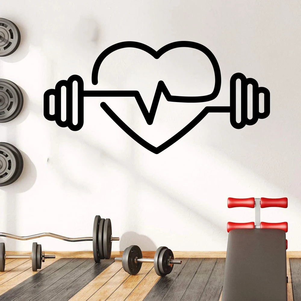 Großes Fitnessstudio, Herzform, Gewichte, Langhantel, Wandaufkleber, Fitness, Bodybuilding, Crossfit, Yoga, gesunder Wandtattoo, Vinyl-Dekor