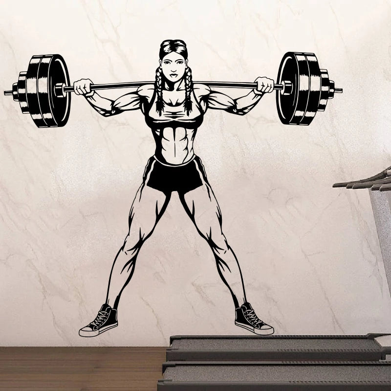 Große Gym Frau Hanteln Wandtattoo Bodybuilding weibliche Muskel Flex Fitness Workout Zug Gesundheit Gewicht Wandaufkleber