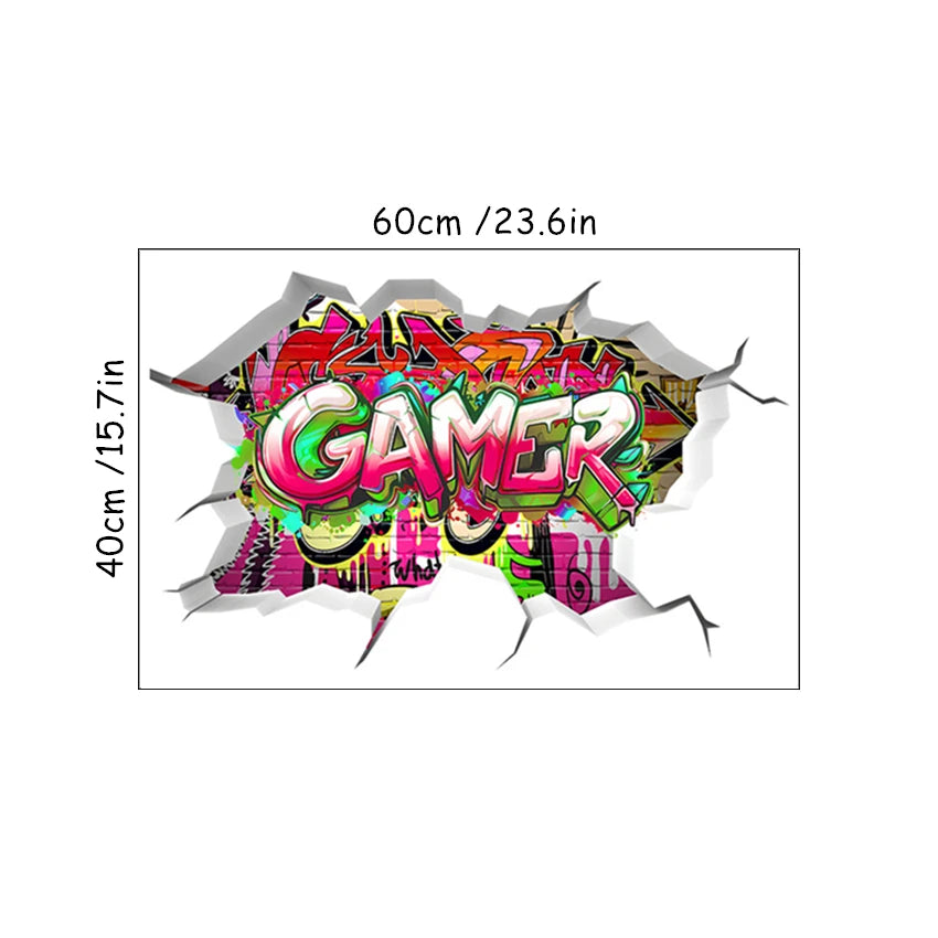 3D Broken Wall Hole Art Gamer Gamepad Vinyl Wandaufkleber für Zuhause Kinderzimmer Junge Schlafzimmer Play Zone Dekoration Videospiel Poster