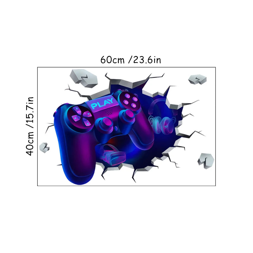 3D Broken Wall Hole Art Gamer Gamepad Vinyl Wandaufkleber für Zuhause Kinderzimmer Junge Schlafzimmer Play Zone Dekoration Videospiel Poster