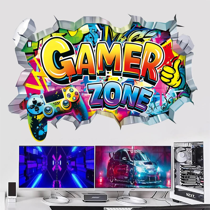 Größeres Spielposter, 3D-Wandloch-Kunst, coole Gamer-Zone, Gamepad, Vinyl-Wandaufkleber, Heimdekoration für Kinderzimmer, Gaming-Zimmer