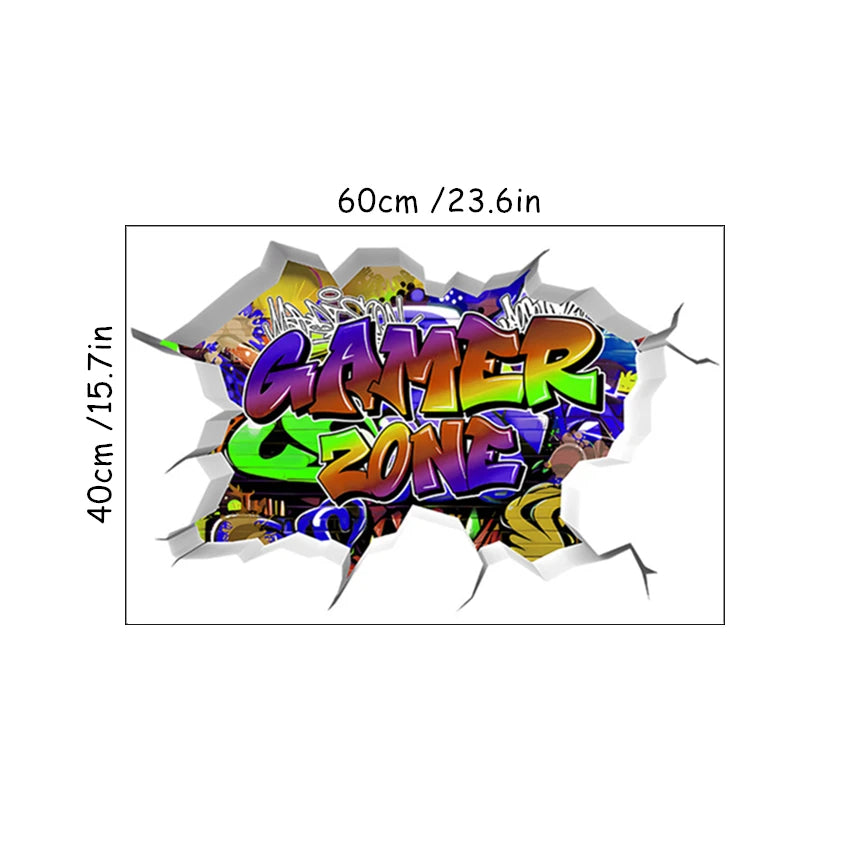 3D Gamer Zone Broken Wall Hole Art Graffiti Game Vinyl Wandaufkleber für Zuhause Kinderzimmer Jungen Schlafzimmer Dekoration Gaming Poster