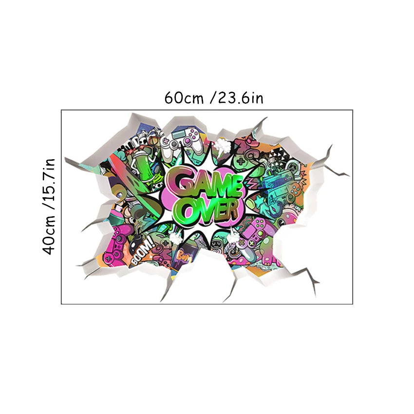 3D Broken Wall Hole Art Gamer Gamepad Vinyl Wandaufkleber für Zuhause Kinderzimmer Junge Schlafzimmer Play Zone Dekoration Videospiel Poster