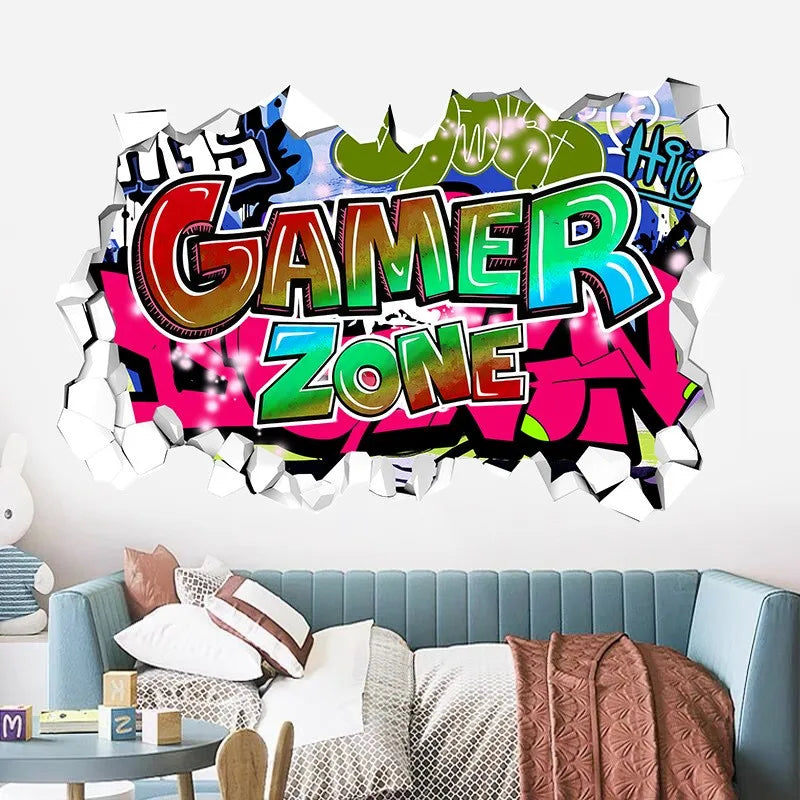 3D Gamer Zone Broken Wall Hole Art Graffiti Game Vinyl Wandaufkleber für Zuhause Kinderzimmer Jungen Schlafzimmer Dekoration Gaming Poster