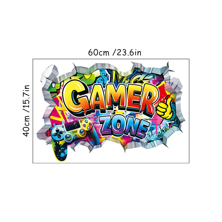 3D Broken Wall Hole Art Gamer Gamepad Vinyl Wandaufkleber für Zuhause Kinderzimmer Junge Schlafzimmer Play Zone Dekoration Videospiel Poster