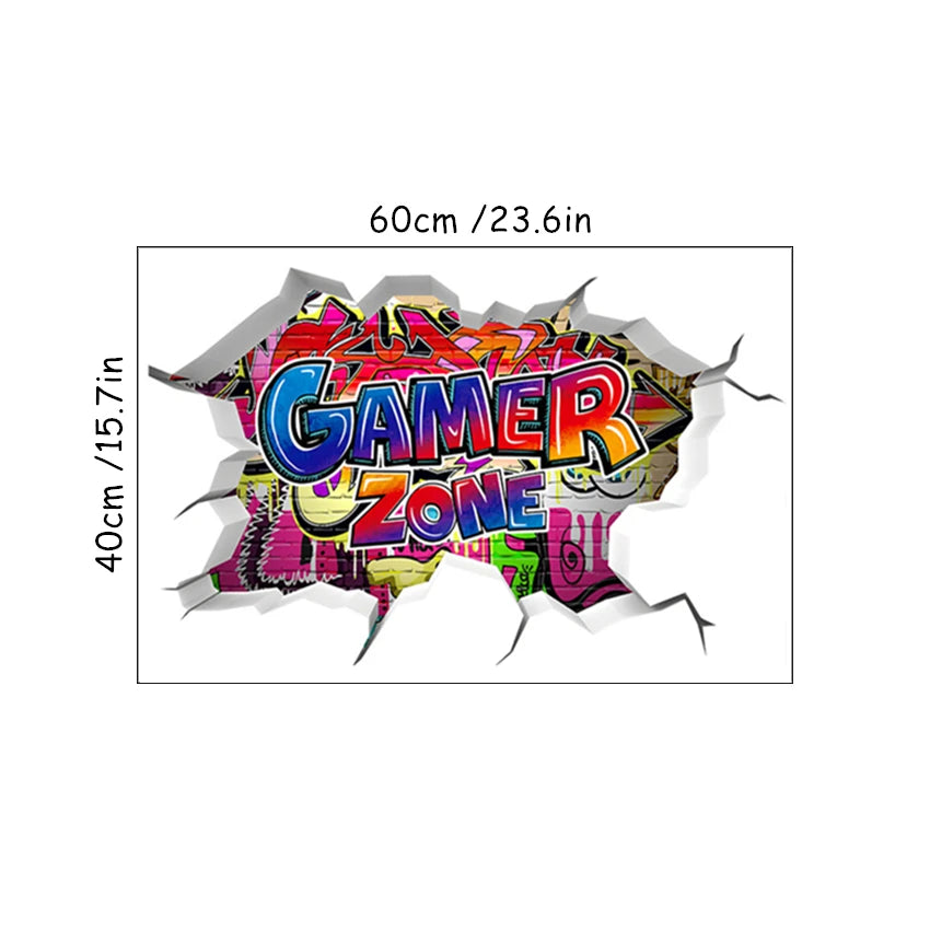 3D Gamer Zone Broken Wall Hole Art Graffiti Game Vinyl Wandaufkleber für Zuhause Kinderzimmer Jungen Schlafzimmer Dekoration Gaming Poster