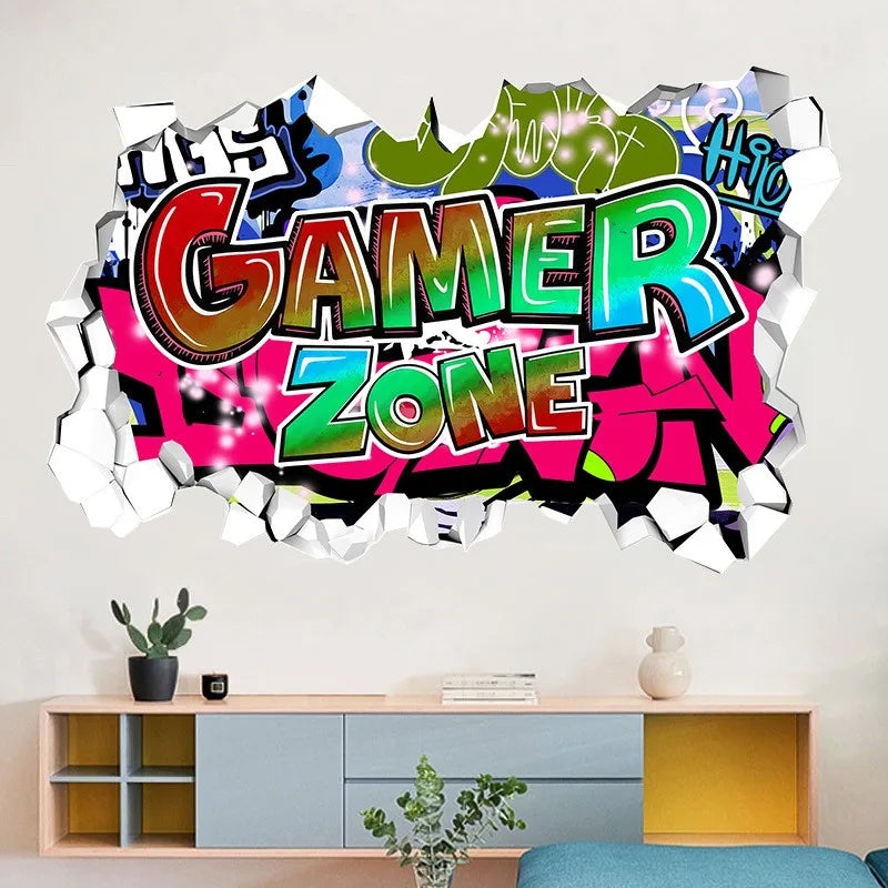 3D Gamer Zone Broken Wall Hole Art Graffiti Game Vinyl Wandaufkleber für Zuhause Kinderzimmer Jungen Schlafzimmer Dekoration Gaming Poster