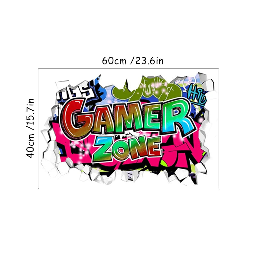 3D Gamer Zone Broken Wall Hole Art Graffiti Game Vinyl Wandaufkleber für Zuhause Kinderzimmer Jungen Schlafzimmer Dekoration Gaming Poster