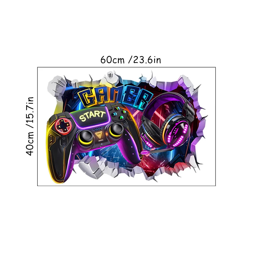 Geometrische Weltraum-Gaming-Wandbild, Glühen, Gamepad, 3D-Vinyl-Wandaufkleber für Zuhause, Kinder, Schlafzimmer, Gamer, Raumdekoration, Sci-Fi-Spielposter
