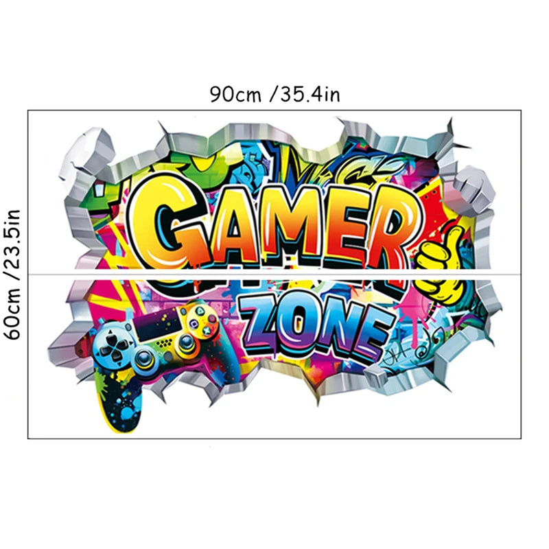 Größeres Spielposter, 3D-Wandloch-Kunst, coole Gamer-Zone, Gamepad, Vinyl-Wandaufkleber, Heimdekoration für Kinderzimmer, Gaming-Zimmer
