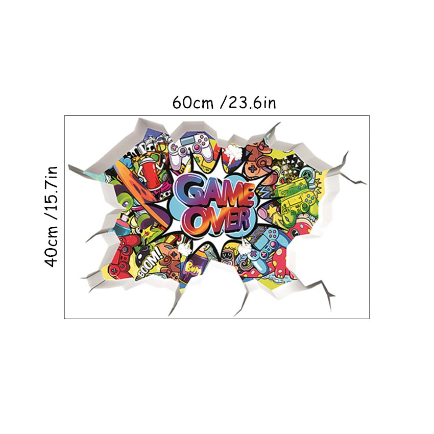 3D Broken Wall Hole Art Gamer Gamepad Vinyl Wandaufkleber für Zuhause Kinderzimmer Junge Schlafzimmer Play Zone Dekoration Videospiel Poster