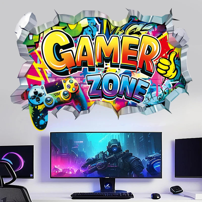 Größeres Spielposter, 3D-Wandloch-Kunst, coole Gamer-Zone, Gamepad, Vinyl-Wandaufkleber, Heimdekoration für Kinderzimmer, Gaming-Zimmer