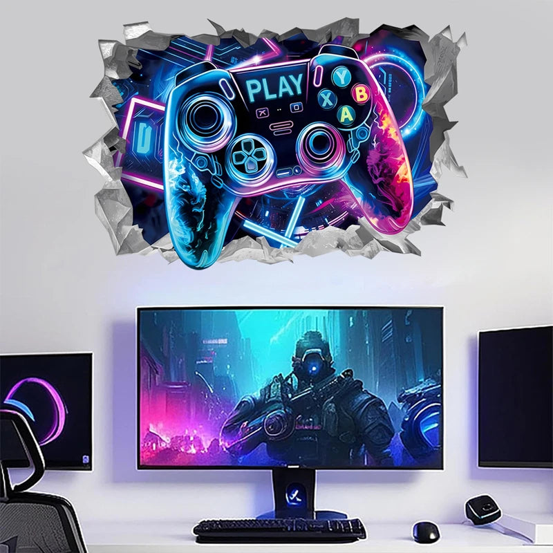 Geometrische Weltraum-Gaming-Wandbild, Glühen, Gamepad, 3D-Vinyl-Wandaufkleber für Zuhause, Kinder, Schlafzimmer, Gamer, Raumdekoration, Sci-Fi-Spielposter