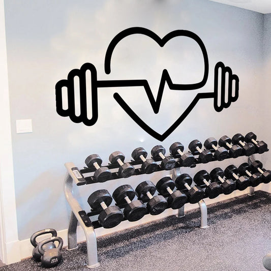 Großes Fitnessstudio, Herzform, Gewichte, Langhantel, Wandaufkleber, Fitness, Bodybuilding, Crossfit, Yoga, gesunder Wandtattoo, Vinyl-Dekor