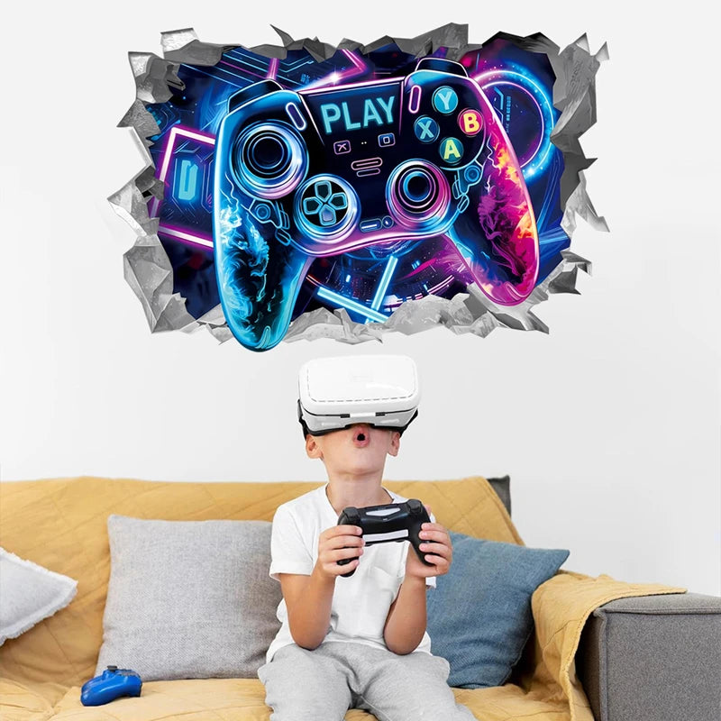 Geometrische Weltraum-Gaming-Wandbild, Glühen, Gamepad, 3D-Vinyl-Wandaufkleber für Zuhause, Kinder, Schlafzimmer, Gamer, Raumdekoration, Sci-Fi-Spielposter