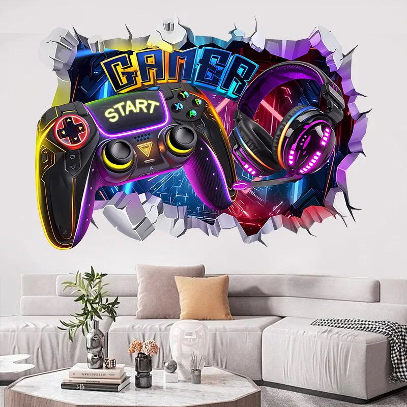 3D Broken Wall Hole Art Gamer Gamepad Vinyl Wandaufkleber für Zuhause Kinderzimmer Junge Schlafzimmer Play Zone Dekoration Videospiel Poster