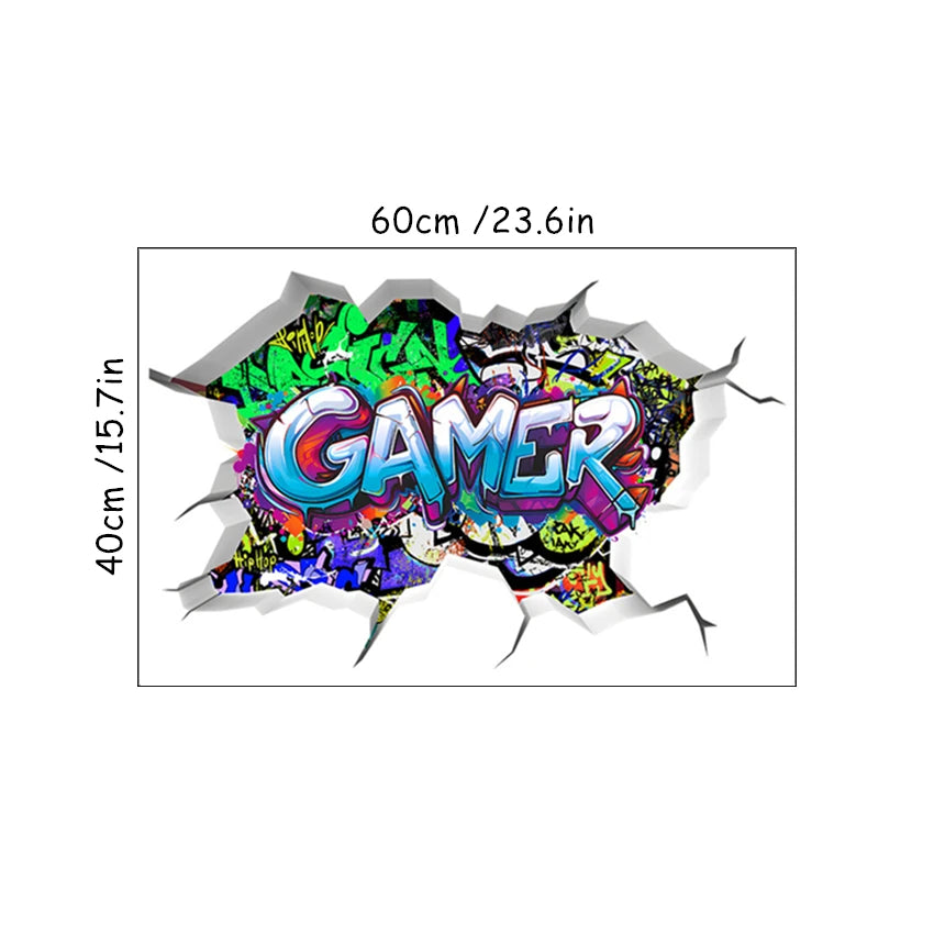 3D Broken Wall Hole Art Gamer Gamepad Vinyl Wandaufkleber für Zuhause Kinderzimmer Junge Schlafzimmer Play Zone Dekoration Videospiel Poster