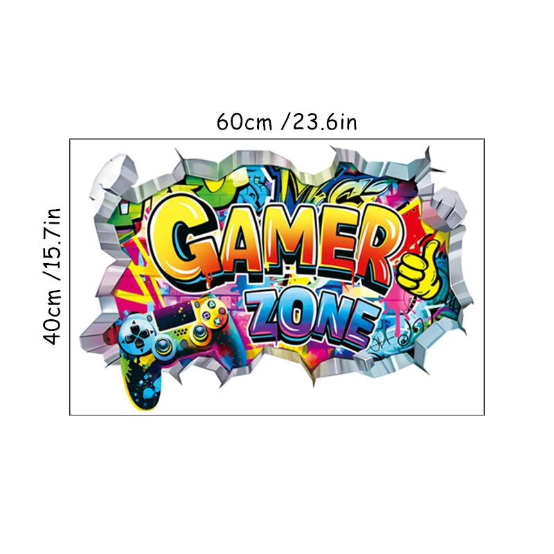 Größeres Spielposter, 3D-Wandloch-Kunst, coole Gamer-Zone, Gamepad, Vinyl-Wandaufkleber, Heimdekoration für Kinderzimmer, Gaming-Zimmer